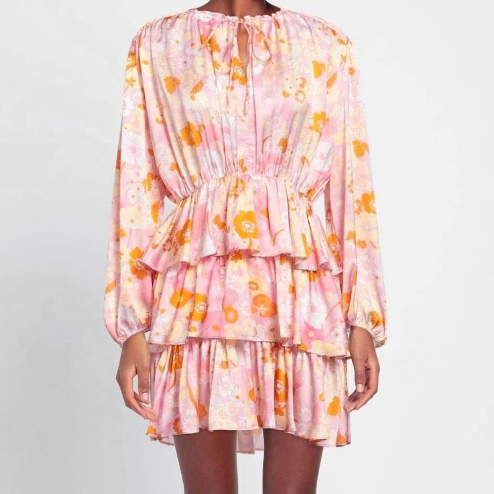 Nwt Maje Pink Floral Ruffle Tiered 38 Smocked Mini Dress Boho Festival Medium 6